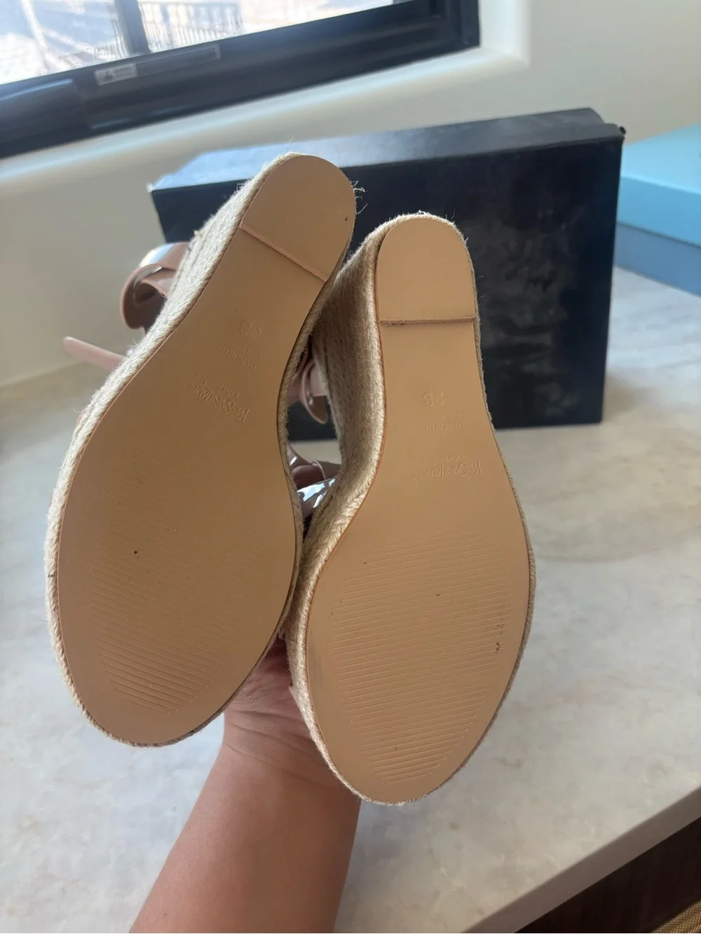 Patent Leather Nude Blush Wedge Sandals with Braided Espadrille Platform